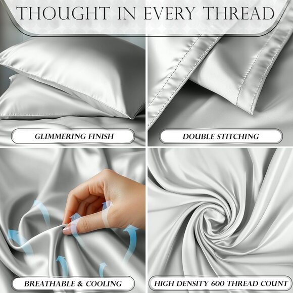 18- Satin 4 Piece Luxury Silky Queen Size Bedding Set 15" Deep - Picture 3 of 8